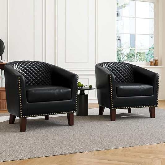 Accent Barrel Chair, Upholstered Faux Leather Club Chair with Nailed Trim, Comfy Reading Armchair for Living Room Bedroom Reception Room Office (Black, Set of 2)