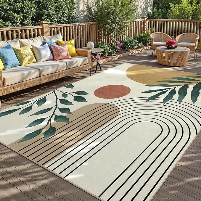 Indoor Outdoor Area Rug, Mid Century Sun Outdoor Patio Rug,Washable Abstract Art Leaves Eucalyptus Runway Rugs Non-Slip Carpet for Camping, Bedroom, Deck(5x8)
