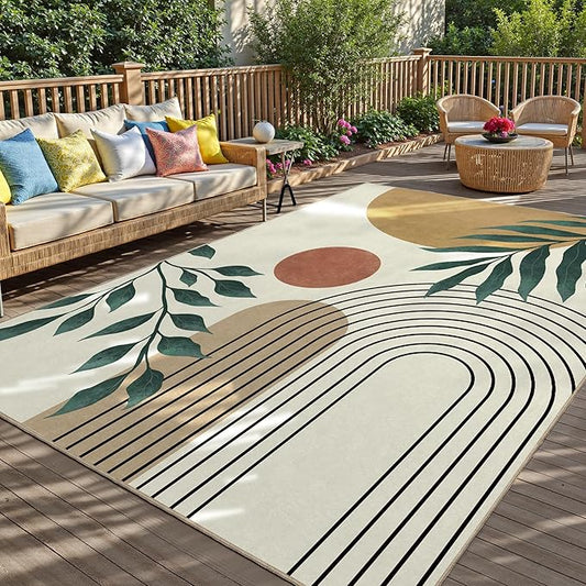 Indoor Outdoor Area Rug, Mid Century Sun Outdoor Patio Rug,Washable Abstract Art Leaves Eucalyptus Runway Rugs Non-Slip Carpet for Camping, Bedroom, Deck(5x8)