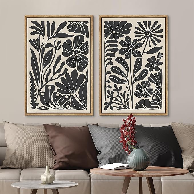 MUDECOR Framed Canvas Wall Art Abstract Floral Botanical Prints Minimalist Modern Art Boho Wall Decor for Bedroom - 16"x24"x2 Natural