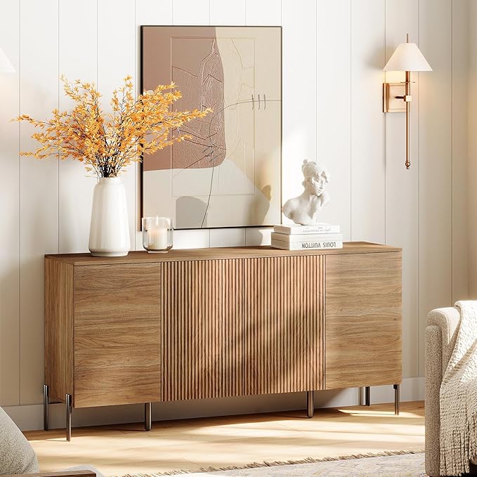 WAMPAT Fluted Buffet Cabinet with Storage, 61.5" Large Sideboard Cabinet with Storages, Modern Buffet Table Coffee Bar Wine Bar Storage Organizer with 4 Doors for Kitchen, Dining Room, Hallway, Walnut