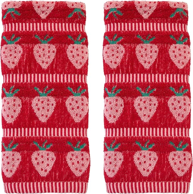 SKL Home Strawberry Jacquard 100% Cotton 2pc Hand Towel Set, Reversible & Decorative for Bath/Kitchen/Bar & Gift, Red