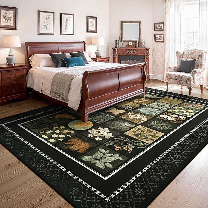 Tepook 6x9 Area Rugs for Living Room, Modern Large Geometric Rug for Bedroom, Washable Patchwork Rug Indoor Non Slip Throw Carpets for Dining Room Office Farmhouse Home Decor, Black
