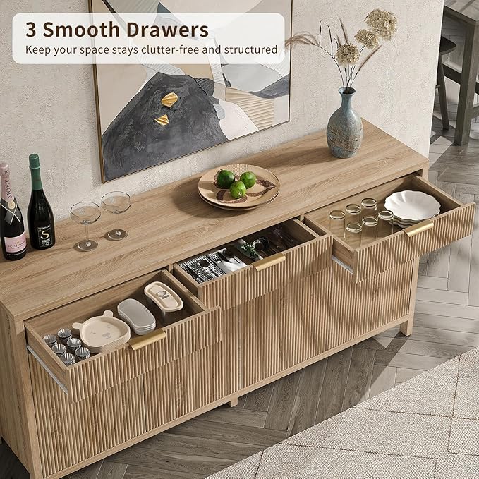 66" W Fluted Buffet Cabinet, Sideboard Storage Cabinet with 3 Drawers & 2 Cabinets, Mid-Century Coffee Bar Table for Living Room, Dinning Room, Natural