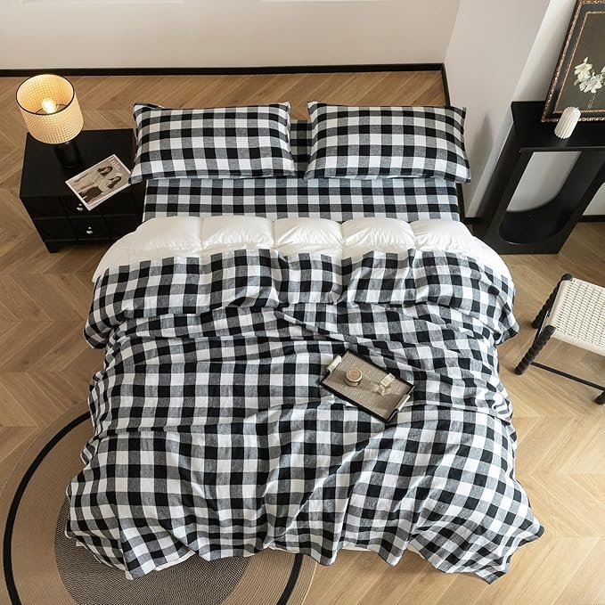 EVERLY Linen Sheets Set Twin Size,100% French Stonewash Pure Linen Sheets Set,4Pieces (1Flat Sheet,1Fitted Sheet,2Pillowcase) Suitable for Hot Sleepers,Deep Pocket Natural Bedding Set-Black Plaid