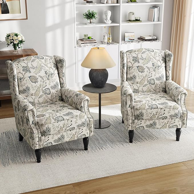 Floral Print Wingback Accent Chair, Retro Modern Farmhouse Armchair with High Back, Tufted Nailhead Trim & Solid Wood Legs, Upholstered Comfy Reading Chair for Living Room Bedroom Office, Plants Beige