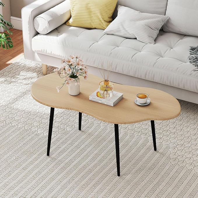 Giantex Small Coffee Table, 39.5" Cloud Center Table with Metal Frame, Unique Irregular Accent Cocktail Tea Table, Modern Wood Coffee Table for Living Room, Small Spaces (Natural)