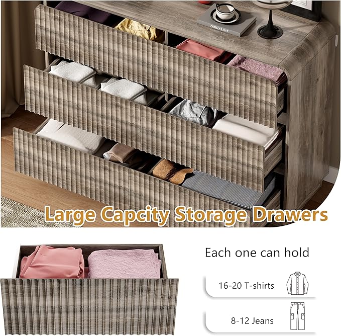 Grey Dresser Fluted 6 Drawers Dresser for Bedroom, 47" Wide Wood Chest of Drawers with Hidden Handles & Rounded Corners, Modern TV Stand Storage Cabinet for Living Room, Hallway, Entryway