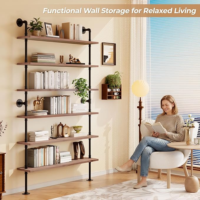Industrial Ladder Pipe Shelf, Wall Mounted Wood Metal Bookshelf for Living Room Storage (Weathered Brown, 6 Tier - 10" D x 48" W x 82.5" H)