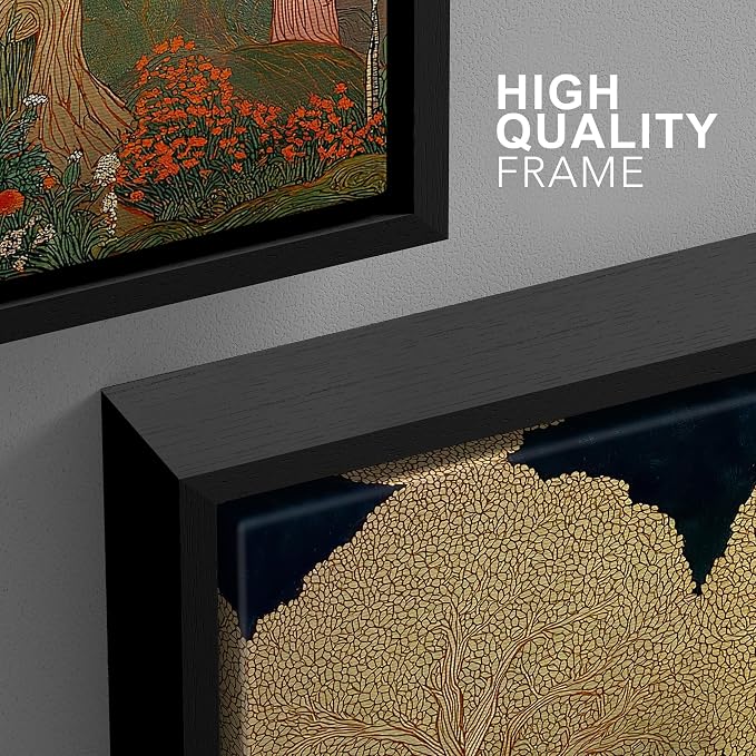 wall26 Framed Print Wall Art Set Art Nouveau Golden Forest Whimsical Vintage Tree and FloralDecorative Minimal Relax/Zen for Living Room, Bedroom, Office - 24"x36"x3 BLACK