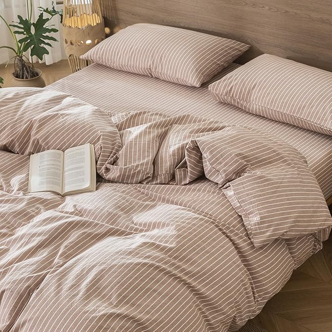 MooMee Striped Duvet Cover Set 100% Washed Cotton Linen Like Textured Breathable Durable Soft Comfy (Orange White Wide Stripes, Super King 108"x98")