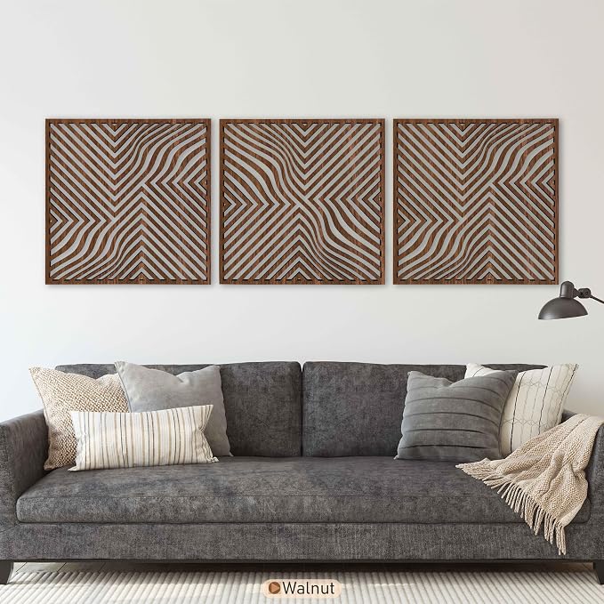 Modern Optical Wave Wood Wall Art Set, Extra Large Mid Century Wooden Decor, 3 Piece Geometric Flow Line Panels, Abstract Home Accent for Living Room and Bedroom