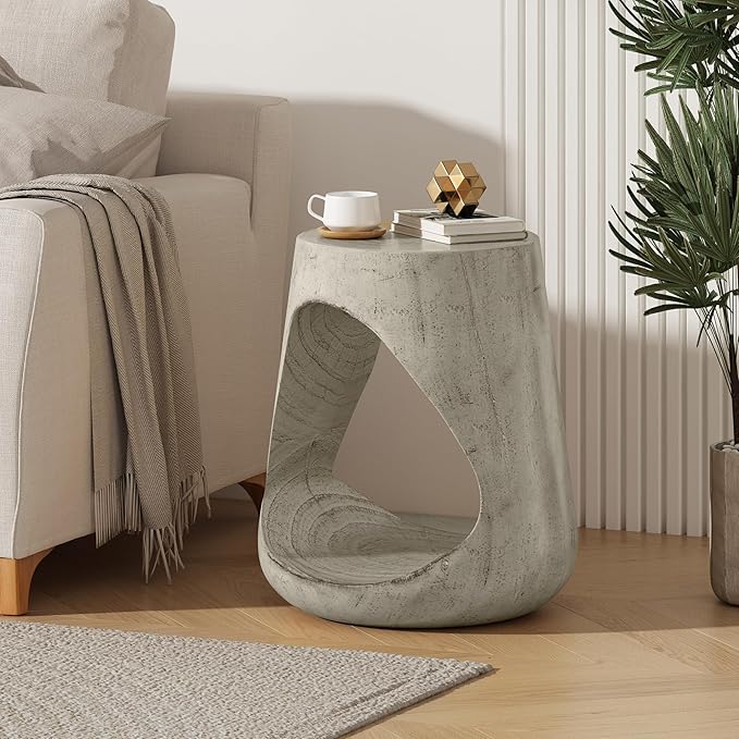ø14.5'' Side Table End Table for Living Room, Modern Retro Farmhouse Countryside Style, Magnesium Oxide Material for Indoor & Outdoor, No Assembly, Wood Grain, Gray