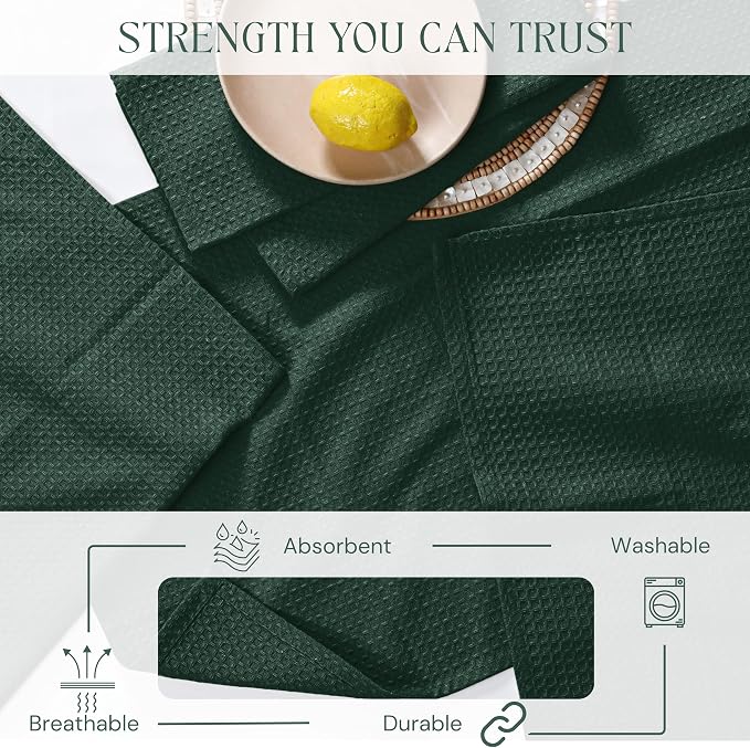 Forest Green Kitchen Dish Towels Set of 12-100% Cotton Waffle Weave, Super Absorbent, Soft, Quick Drying, 16x26 Inches, Ideal for Cleaning, Bar, Tea, and Everyday Use, Olive Green