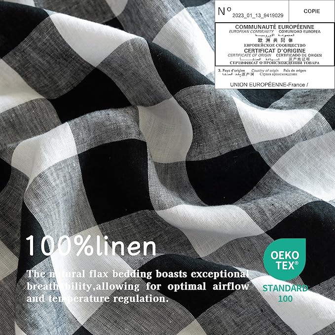 EVERLY Linen Sheets Set Twin Size,100% French Stonewash Pure Linen Sheets Set,4Pieces (1Flat Sheet,1Fitted Sheet,2Pillowcase) Suitable for Hot Sleepers,Deep Pocket Natural Bedding Set-Black Plaid