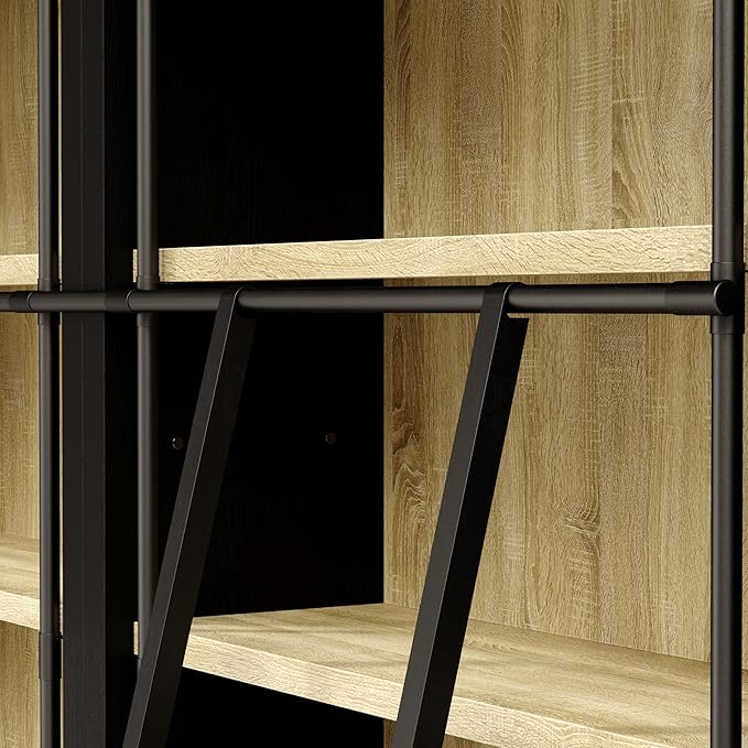 Homsee Traditional 86.6-inch Tall Bookcase Wall with Ladder, 6-Tier Office Bookshelf Storage Organizer, Display Shelf Unit for Home Office, Living Room, Black & Wood Grain