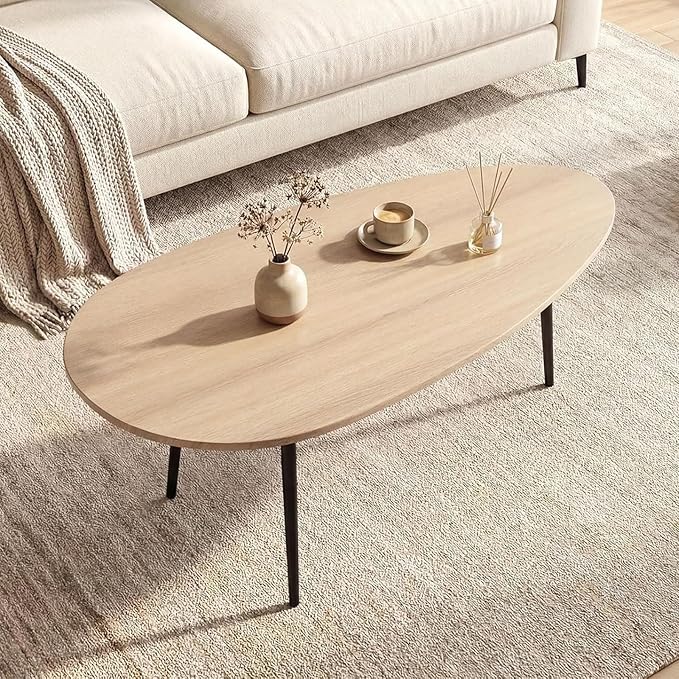 Giantex Oval Coffee Table, Mid Century Modern Center Table with Sturdy Metal Frame and Compact Design, Vintage Accent Cocktail Tea Table, Wood Living Room Tables for Small Spaces (Natural)