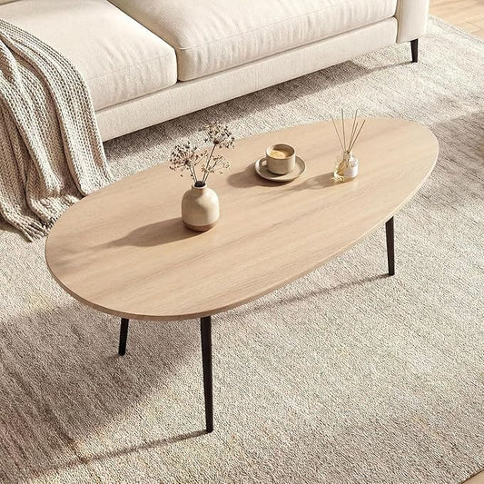 Giantex Oval Coffee Table, Mid Century Modern Center Table with Sturdy Metal Frame and Compact Design, Vintage Accent Cocktail Tea Table, Wood Living Room Tables for Small Spaces (Natural)