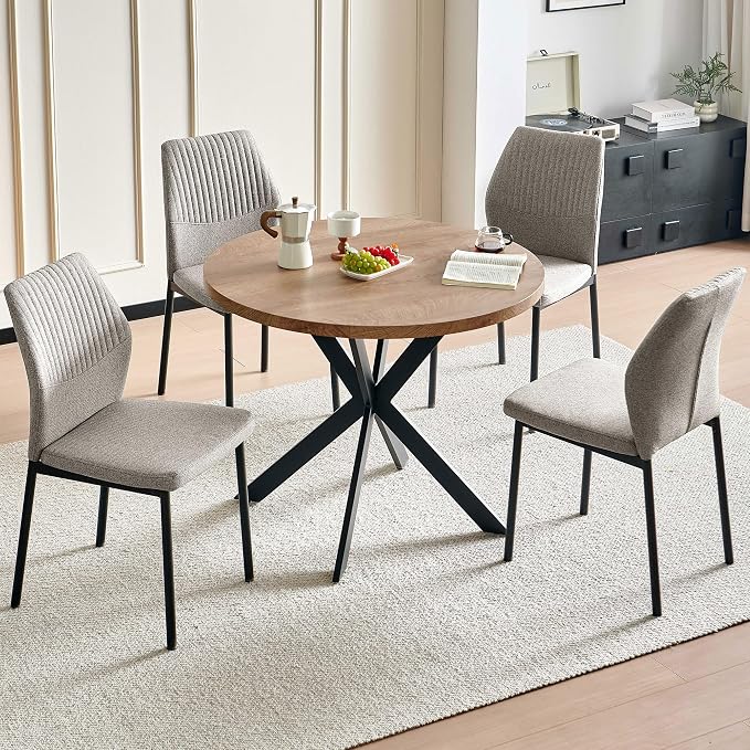 37" Round Dining Table Set for 4, Mid Century Modern Small Coffee Set for Dining Room Kitchen Apartment (Walnut Table + 4 Linen Fabric Light Brown Chairs)
