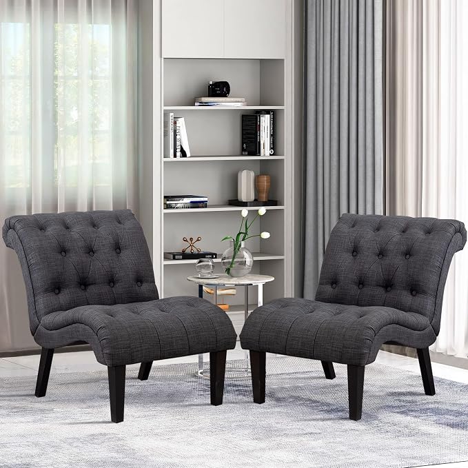 Accent Chairs Set of 2 Upholstered Living Room Bedroom Side Chairs Curved Button Tufted Armless Lounge Chair with Wood Legs Gray Fabric