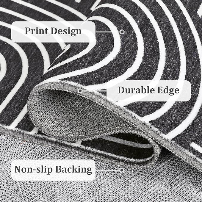 Washable Rug 6x9 Area Rugs for Living Room, Abstract Rug for Bedroom, Soft Rainbow Non Slip Throw Rugs with Rubber Back, Low Pile Stain Resistant Boho Geometric Carpet for Dining Room, Black