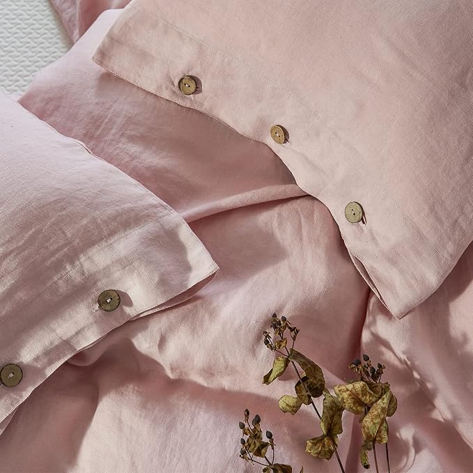 Simple&Opulence 100% Linen Duvet Cover Set 3pcs with Coconut Button Closure Natural French Washed Flax Solid Color Soft Breathable Farmhouse Bedding - Blush Pink, Queen Size