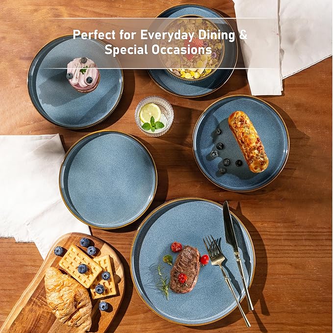 GBHOME 12-Piece Stoneware Dinnerware Set for 4 – Ribbed Ceramic Plates and Bowls, Scratch-Resistant, Microwave & Dishwasher Safe, Reactive Glaze, Deep Ocean