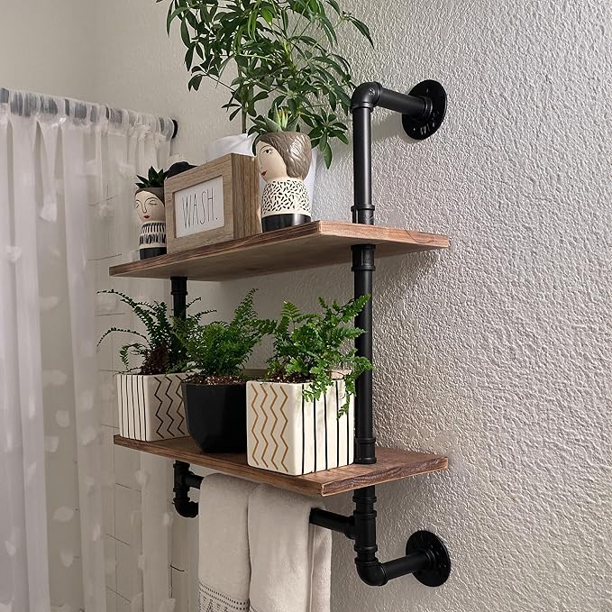 ROGMARS 2 Tier 24" Extra Deep Industrial Pipe Floating Wall Shelves | Rustic Pine Wood Pipe Bathroom Shelves with Towel Bar | Industrial Pipe Shelving for Small Space Storage
