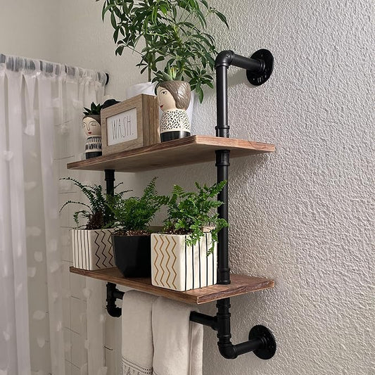 ROGMARS 2 Tier 24" Extra Deep Industrial Pipe Floating Wall Shelves | Rustic Pine Wood Pipe Bathroom Shelves with Towel Bar | Industrial Pipe Shelving for Small Space Storage