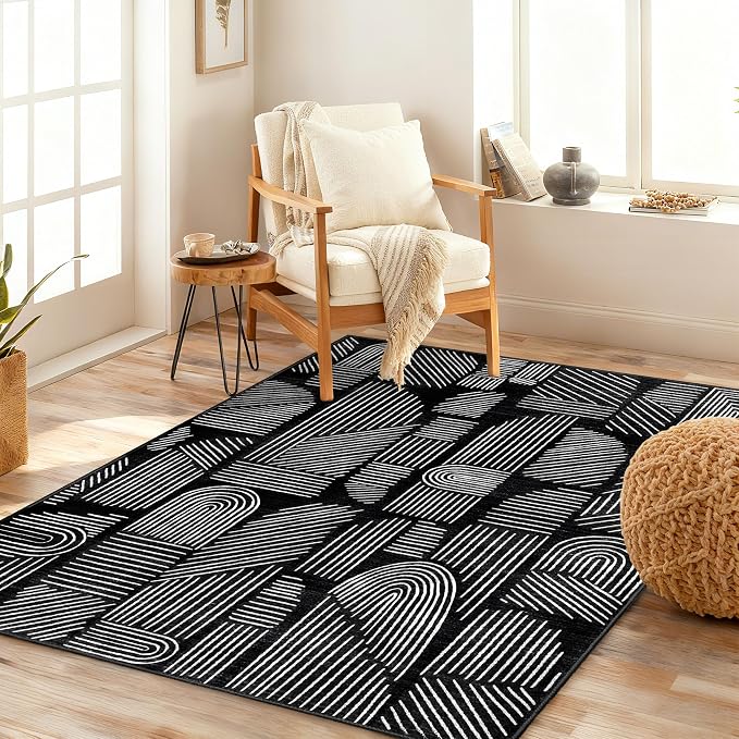 MUJOO 3x5 Washable Rug,Mid Century Modern Abstract Non Slip Low Pile Area Rug,Black and Gold Rug for Living Room Bedroom Entryway
