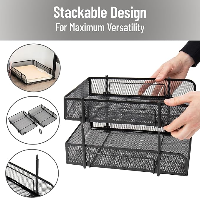 Mind Reader 2-Tier Stackable Paper Tray, Metal Mesh Desk Organizer for Files, Documents, and Mail, Office Desktop Storage, Set of 2, Black