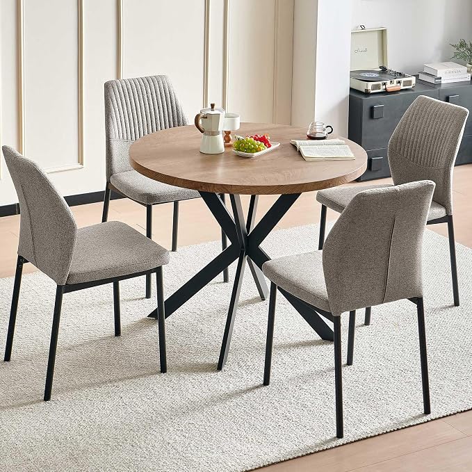 37" Round Dining Table Set for 4, Mid Century Modern Small Coffee Set for Dining Room Kitchen Apartment (Walnut Table + 4 Linen Fabric Light Brown Chairs)