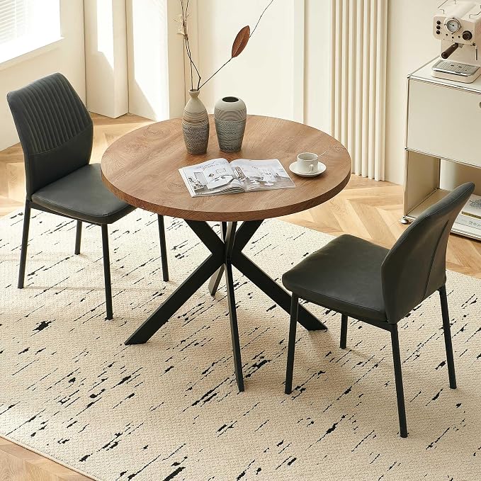37" Round Dining Table Set for 2, Mid Century Modern Small Coffee Set for Dining Room Kitchen Apartment (Walnut Table + 2 PU Leather Dark Grey Chairs)