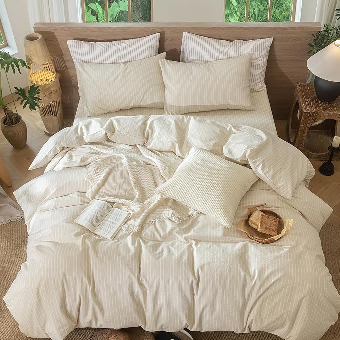 MooMee Striped Duvet Cover Set 100% Washed Cotton Linen Like Textured Breathable Durable Soft Comfy (Almond Milk Grey White Wide Stripes, Full 80"x90")