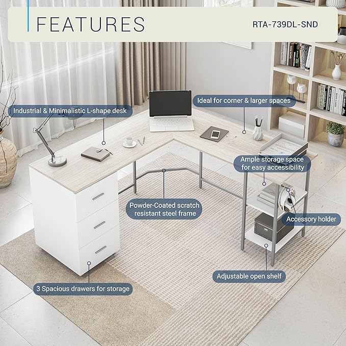Techni Mobili L Shaped Desk - Two-Toned Computer Desk with Drawers & Storage Shelves - Simple Modern Furniture & Home Office Space Corner Table for Work & Writing