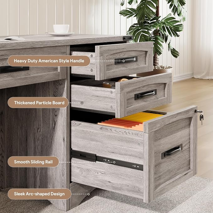 Decofy Farmhouse Executive Desk with Drawers, 55" Home Office Desks with Fast Charging Station, Lockable File Cabinet, Wood Writing Computer Desk for Work, Study, Grey