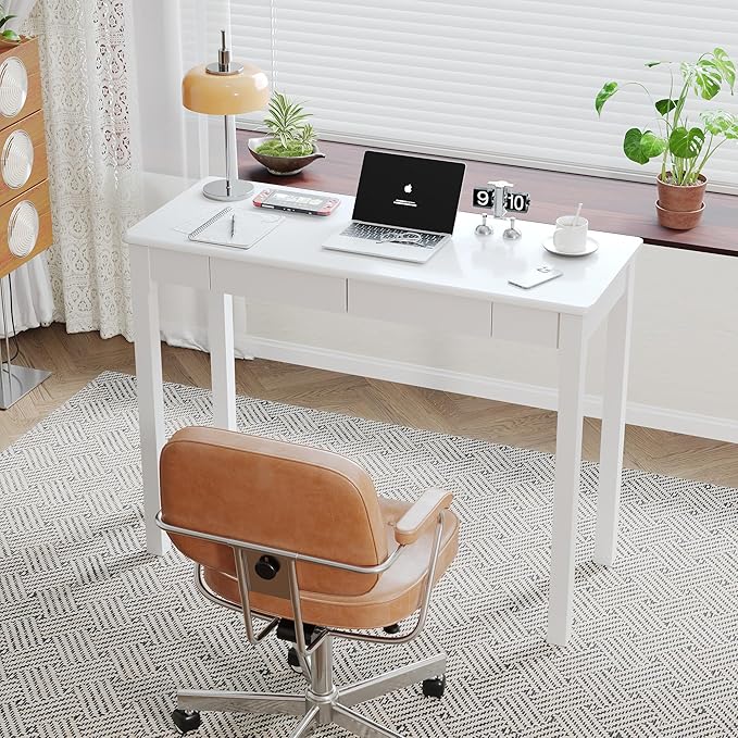 Solid Wooden Desk with Drawers - 39 x 16 Inch Modern Narrow Desks, Rubberwood Simple Study Table, Small Writing Desk for Bedroom|Small Spaces - White Desks