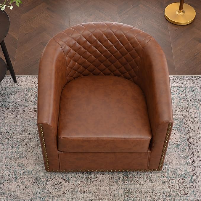 KINWELL 29" Wide Tufted Faux Leather Accent Chair, Small Swivel Barrel Chair, Modern Round PU Leather Upholstered Armchair with Nailhead Trim for Living Room Apartment, Brown