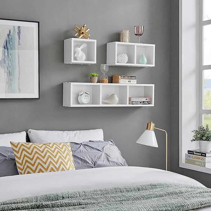 Danya B. Bauhaus Floating Geometric Cubby Wall Shelves - Set of 3 Sizes - White