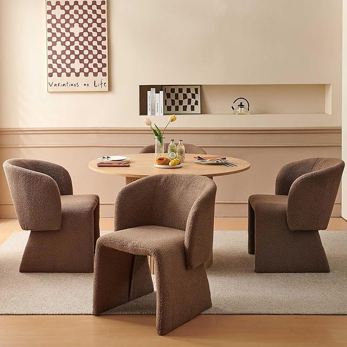 NORDICANA 5-Piece Round Dining Table Set for 4, Rustic 47-Inch Kitchen Table and Chair Set, Dining Set with Brown Upholstered Armchairs, Manufactured Wood Top with Oak Veneer