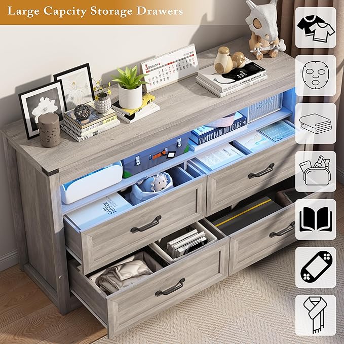 Grey Dresser for Bedroom, Wooden 4 Drawer Dresser with LED Light, Dressers & Chests of Drawers with Metal Handles, Storage and Organization for Bedroom, Hallway, Entryway, Gray