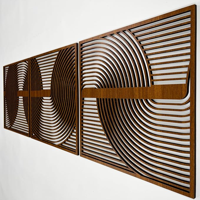 3 Piece Wood Wall Art featuring Boho Curve Lines, Abstract Geometric Statement Wooden Wall Panels, Mid Century Modern New House Gift for Living Room and Bedroom