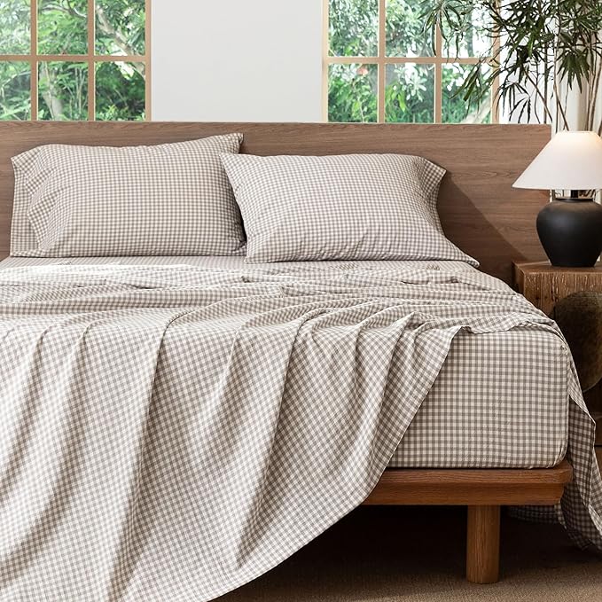 MooMee Gingham Sheet Set 100% Washed Cotton Linen Like Textured Breathable Soft w/Fully Elasticized 16-19" Deep Pocket (Mini Gingham Tannish Linen Grey, Queen)