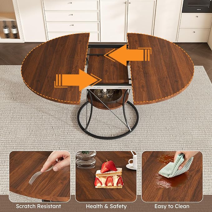 43"-59" Extendable Round Dining Table for 4-6,Mid Century Modern Walnut Wood Grain Table,Expandable Kitchen Table with Storage Shelf for Small Spaces