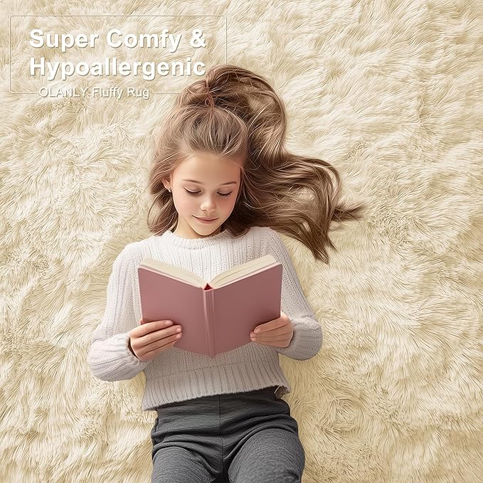 OLANLY 8x10 Machine Washable Large Area Rugs for Living Room, Bedroom, Soft Fluffy Shaggy Bedside Rug, Indoor Floor Carpet for Kids Girls and Boys, Dorms, Nursery, Home Decor Aesthetic, Cream