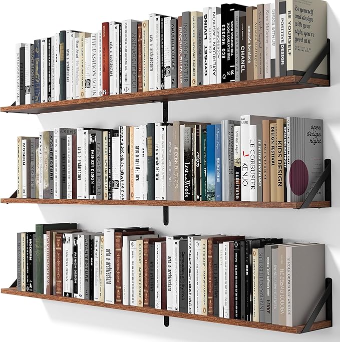 Heimlove 48 Inch Large Wall Bookshelves Set of 3, Wall Mounted Bookshelves,Heavy Duty Wooden Shelves for Living Room,Bedroom,Kitchen,Laundry Room Storage & Decor