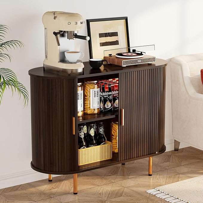 DHH Sideboard Buffet Cabinet with Storage,Mid Century Modern Fluted Accent Coffee Bar Console Table,Tambour Sliding Doors& Adjustable Shelf for Kitchen, Living Room, Entryway(Dark Walnut, 40 Inch)