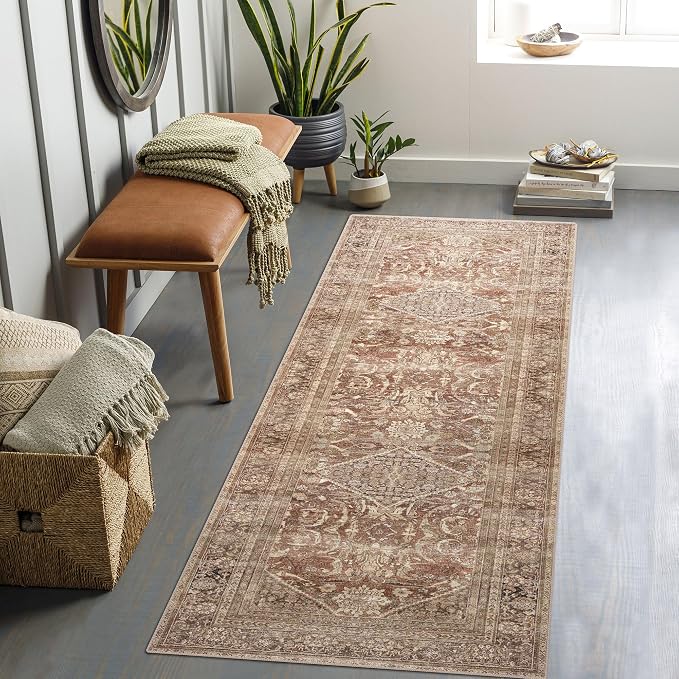 vivorug Runner Rug 2'x7' Vintage Washable Non-Slip Runners for Hallways Kitchen Entryway Laundry Room Carpet Hallway Runner Earth Tone