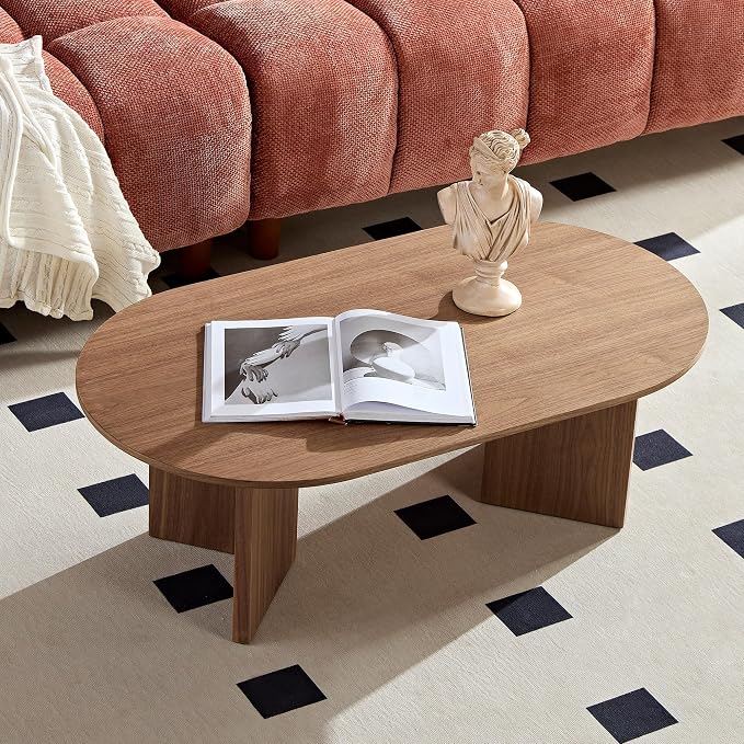 SSLine Mid-Century 39.37" Oval Coffee Table with Pedestal Base Walnut Wood Grain Top Cocktail Center Table for Living Room Bedroom