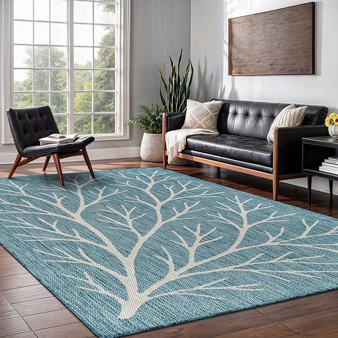 Washable Indoor Outdoor Rug 6x9 Modern Area Rugs Branch Pattern Non Shedding Waterproof Easy Clean Patio Deck Porch Living Room Bedroom Garden RV (6 X 9 Aqua)